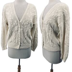 Vintage 90s Cardigan Floral Cable Knit Pattern Pearl Buttons Cotton Ramie Ivory